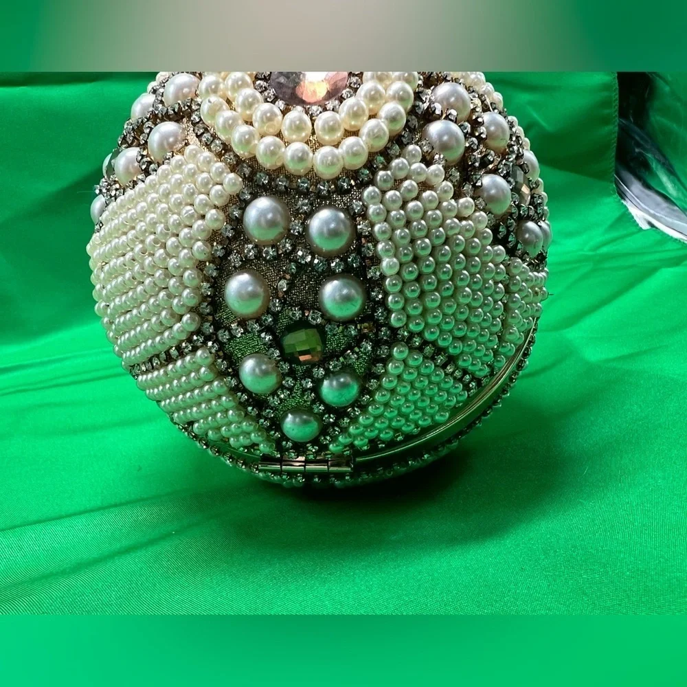Unique Round beaded: Evening Clutch, wedding wristlet with long gold chain